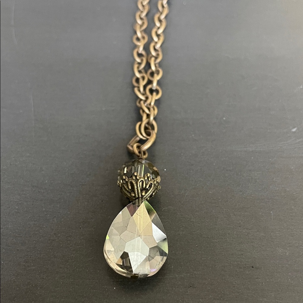 Antique Brass and Crystal Pendant Necklace